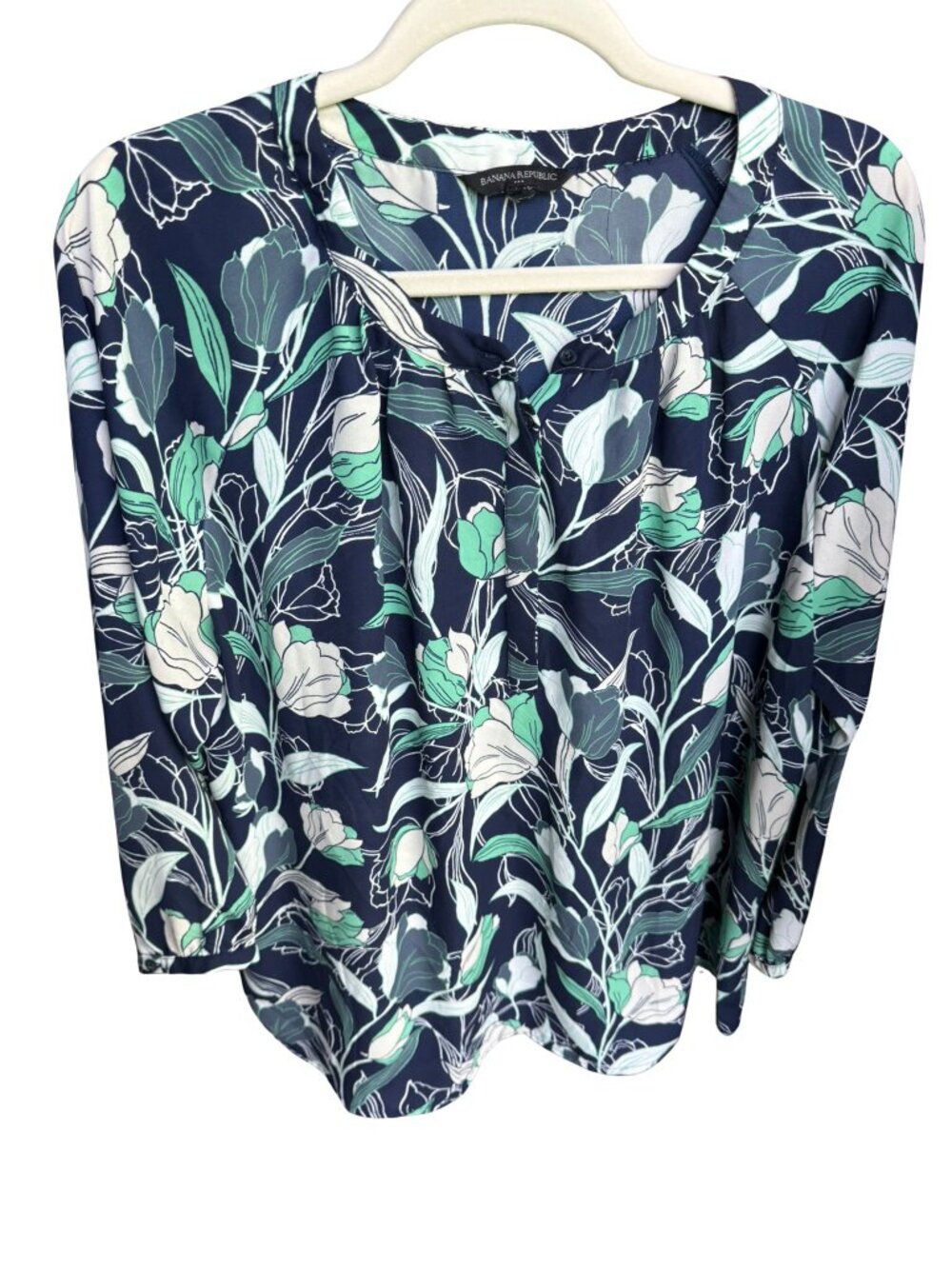 Banana Republic Navy Floral Blouse Green White Print Split Neck 3/4 Sleeve XL